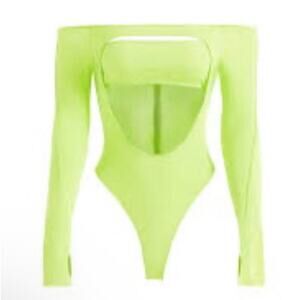 Mugler X H&M Bodysuit Women XL Neon Green Cut Out Long Sleeve Brat Rave Club NEW